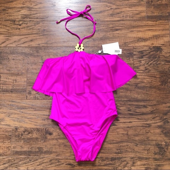 Trina Turk • halter high neck swimsuit one piece orchid flounce fuchsia pink - Picture 2 of 14